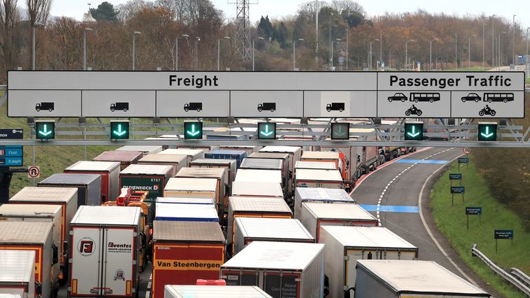 Freight lorries queuing along the M20 in Kent waiting to access the Eurotunnel terminal in Folkestone on Tuesday