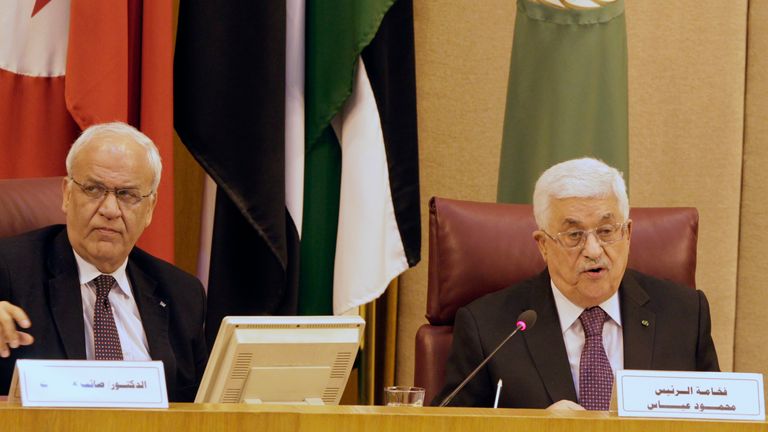 Mr Erekat is pictured with Palestinian president Mahmoud Abbas in Egypt in 2015