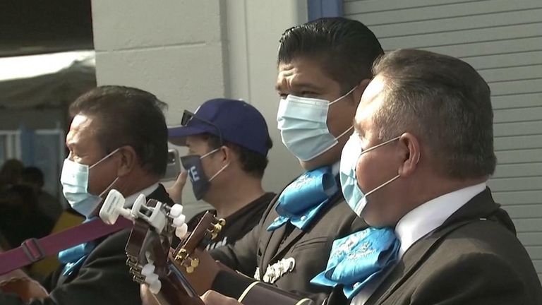 Mariachi band performs for voters at polling station in Los Angeles