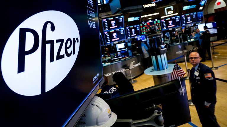FILE PHOTO: A logo for Pfizer is displayed on a monitor on the floor at the New York Stock Exchange (NYSE) in New York, U.S., July 29, 2019. REUTERS/Brendan McDermid/File Photo
