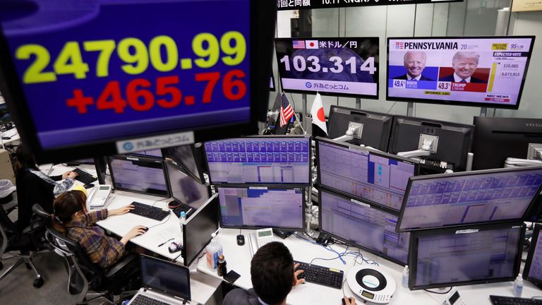 Employee of the foreign exchange trading company work in front of monitors showing, Japan&#39;s Nikkei share average, the Japanese yen exchange rate against the U.S. dollar and news on the U.S. presidential election at a dealing room in Tokyo, Japan November 9, 2020. 