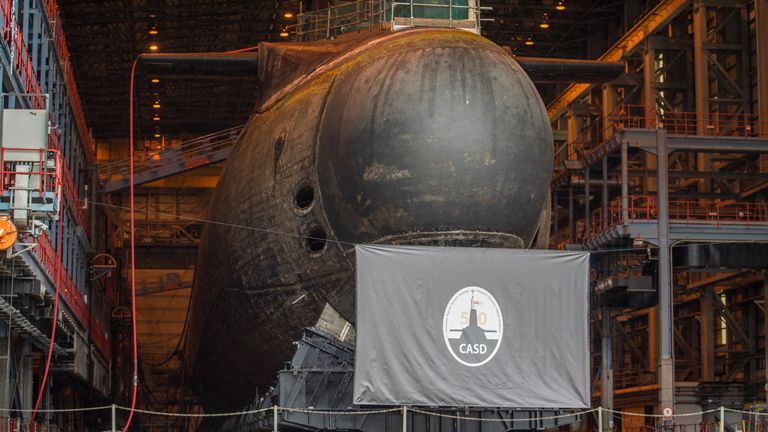 One of the Vanguard Class Ship nuclear submarines in dry dock at HM Naval Base Clyde,