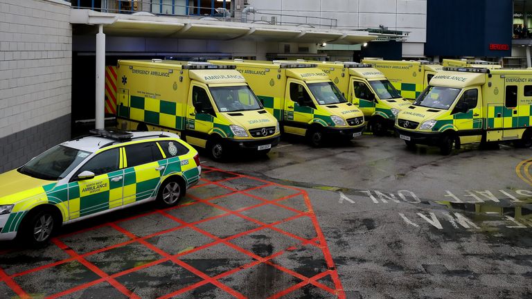 Ambulances outside the Accident and Emergency Department of the Royal Liverpool University Hospital.

