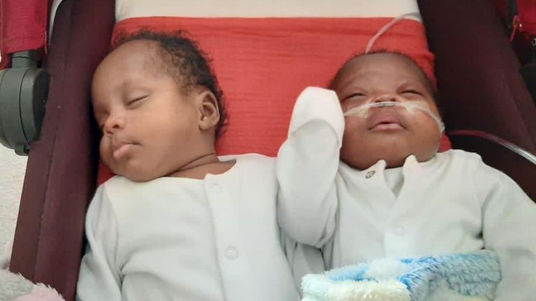 Palmer, left, and Pascal, right, were delivered while their mother was in a coma