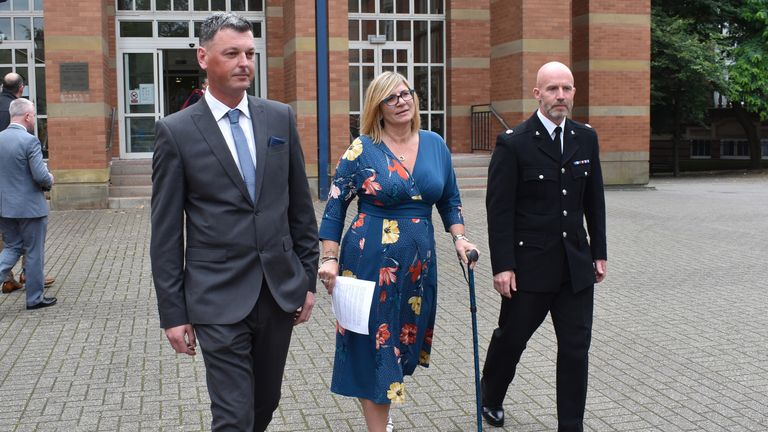 (left to right) PC Dave Mullins, PC Claire Bond and Supt Carl Ratcliffe leaving Stafford Crown Court to make a statement to the media, as a drug-dealer whose car crushed Claire Bond into a fence, causing fractures to her leg and knee, has been jailed for 12 years and nine months. PRESS ASSOCIATION Photo. Picture date: Monday September 02, 2019. Stafford Crown Court was told the police officer feared for her life and those of runners taking part in a nearby 10-kilometre road race, as she was thrown to the ground by banned driver Gurajdeep Malhi&#39;s rented BMW. See PA story COURTS Stafford. Photo credit should read: Matthew Cooper/PA Wire