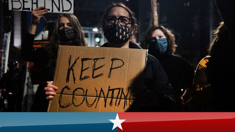 PHILADELPHIA, PENNSYLVANIA - NOVEMBER 04: People participate in a protest in support of counting all votes as the election in Pennsylvania is still unresolved on November 04, 2020 in Philadelphia, Pennsylvania. With no winner declared in the presidential election last night, all eyes are on the outcome in a few remaining swing states to determine whether Donald Trump will get another four years or Joe Biden will become the next president of the United States. The counting of ballots in Pennsylva