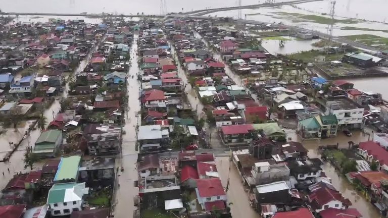 A picture from a drone shows floodwater in the aftermath of Typhoon Goni in Baao, Camarines Sur, Philippines November 1, 2020, in this still image obtained from a social media video. OLIVER COLLINS FILMS/ via REUTERS THIS IMAGE HAS BEEN SUPPLIED BY A THIRD PARTY. MANDATORY CREDIT. NO RESALES. NO ARCHIVES