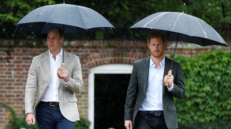 Britain&#39;s Prince William, Duke of Cambridge and Prince Harry visit the White Garden in Kensington Palace in London