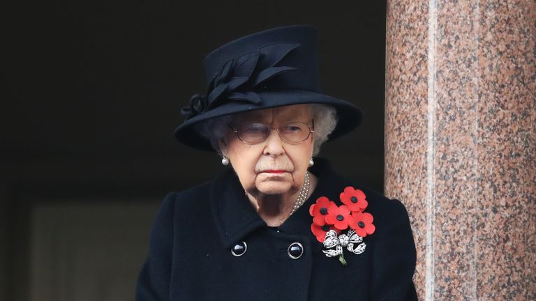 Queen Elizabeth II during Sunday's memorial service at the Cenotaph, in Whitehall, London.