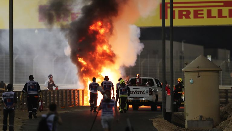  BAHRAIN, BAHRAIN - NOVEMBER 29: A fire is pictured following the crash of Romain Grosjean of France and Haas F1 during the F1 Grand Prix of Bahrain at Bahrain International Circuit on November 29, 2020 in Bahrain, Bahrain. (Photo by Kamran Jebreili - Pool/Getty Images)
