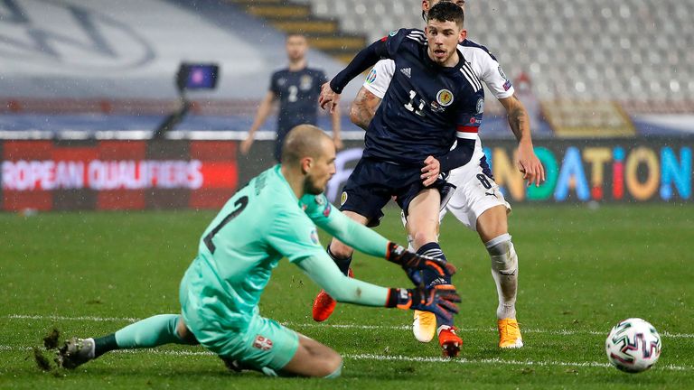  Ryan Christie of Scotland has a shot saved during the UEFA EURO 2020 Play-Off Final between Serbia and Scotland at Rajko Mitic Stadium on November 12, 2020 in Belgrade, Serbia