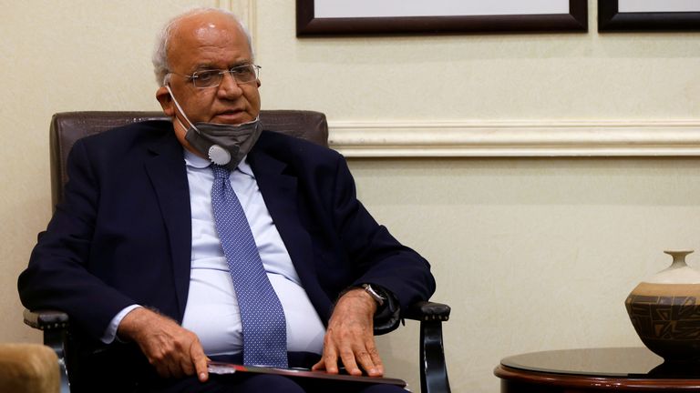Saeb Erekat is pictured wearing mask at a meeting with ministers in Jordan in September