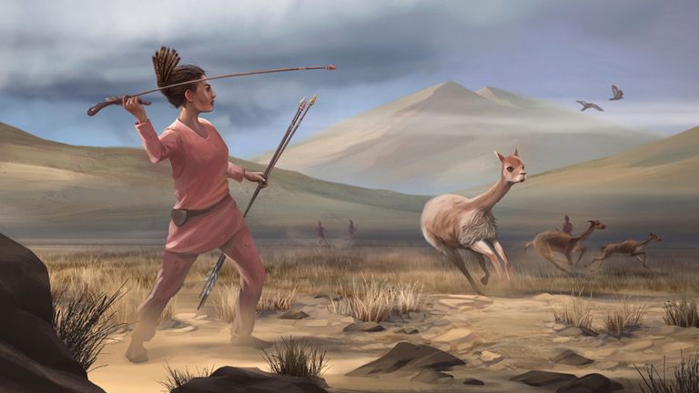 Undated handout issued by University of California, Davis and the journal Science Advances of illustration a female hunter who may have appeared in Peru around 9,000 years ago.