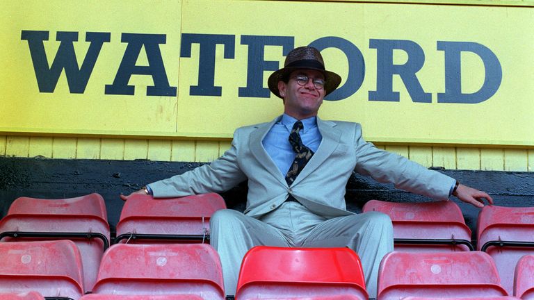 1991: Singer Elton John sits in the terraces at Watford FC&#39;s Vicarage Road ground where he announced that he had become a director of the club.
Date taken: 05-Aug-1991