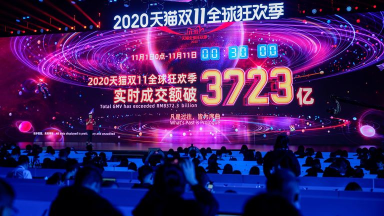 A screen shows the value of goods being transacted during Alibaba Group&#39;s Singles&#39; Day global shopping festival at a media center in Hangzhou, Zhejiang province, China November 11, 2020