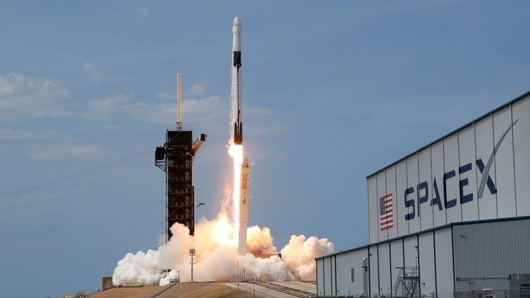 A SpaceX Falcon 9 rocket and the Crew Dragon spacecraft carrying NASA astronauts I photographed in May, 2020