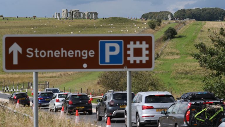 Traffic builds up on the A303 near Stonehenge in Wiltshire before the August Bank Holiday.