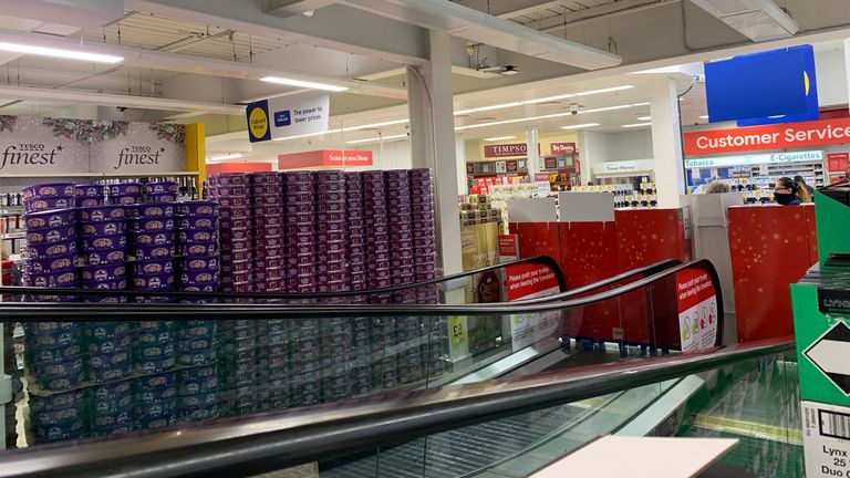 A photo of the escalators closed off at Brooklands Tesco in Weybridge