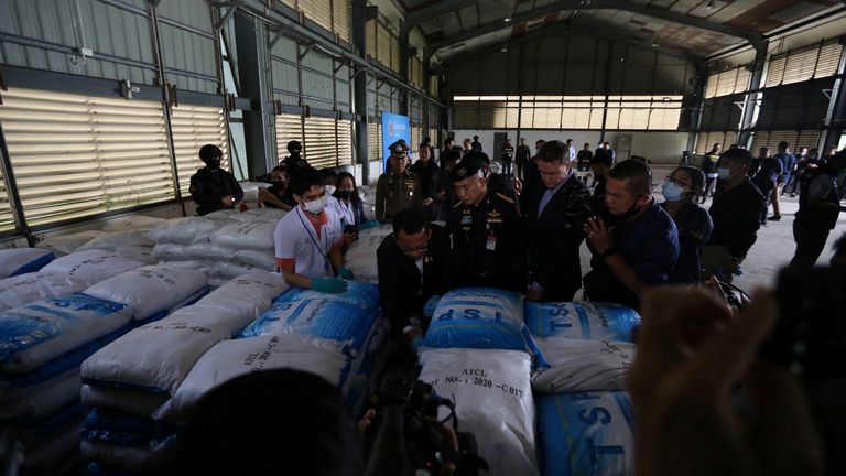 Officials view the seized 11.5 tonnes of ketamine, in the country&#39;s largest seizure ever, worth nearly 30 billion baht (~$991 million USD) at a warehouse in Chachoengsao, Thailand, November 12, 2020. Office of the Narcotics Control Board/Handout