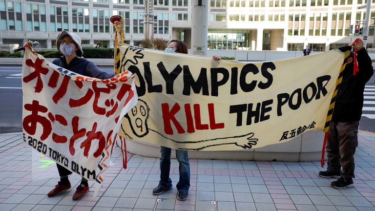Protesters against Tokyo 2020 Olympic Games hold a rally in front of Tokyo Metropolitan Government Office Building in Tokyo