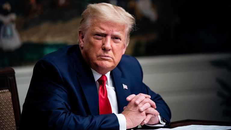 WASHINGTON, DC - NOVEMBER 26: President Donald Trump speaks in the Diplomatic Room of the White House on Thanksgiving on November 26, 2020 in Washington, DC. Trump had earlier made the traditional call to members of the military stationed abroad through video teleconference. (Photo by Erin Schaff - Pool/Getty Images)