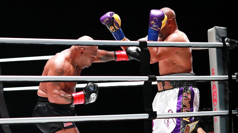 Mike Tyson (black trunks) fights Roy Jones, Jr in 2020 bout. Pic: Joe Scarnici/USA TODAY Sports