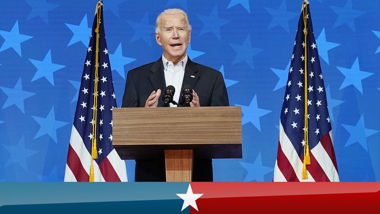 WILMINGTON, DELAWARE - NOVEMBER 05:  Democratic presidential nominee Joe Biden speaks while flanked by vice presidential nominee, Sen. Kamala Harris (D-CA), at The Queen theater on November 05, 2020 in Wilmington, Delaware. Biden attended internal meetings with staff as votes are still being counted in his tight race against incumbent U.S. President Donald Trump which remains too close to call. (Photo by Drew Angerer/Getty Images)