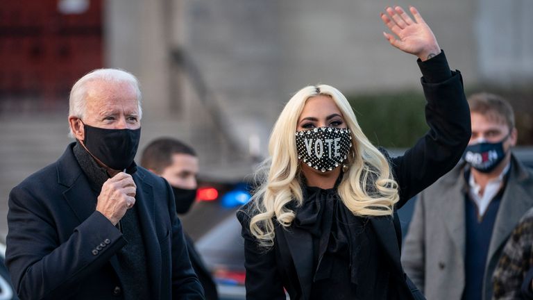 PITTSBURGH, PA - NOVEMBER 02: Democratic presidential nominee Joe Biden and Lady Gaga greet college students at Schenley Park on November 02, 2020 in Pittsburgh, Pennsylvania. One day before the election, Biden is campaigning in Pennsylvania, a key battleground state that President Donald Trump won narrowly in 2016. (Photo by Drew Angerer/Getty Images)
