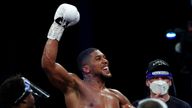 Anthony Joshua celebrates after his win