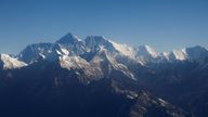 FILE PHOTO: Mount Everest, the world highest peak, and other peaks of the Himalayan range are seen through an aircraft window during a mountain flight from Kathmandu, Nepal January 15, 2020. REUTERS/Monika Deupala/File Photo
