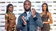 Headie One with his MOBO award, with models Jourdan Dunn (R) and Leomie Anderson (L)