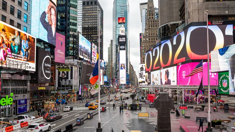 NEW YORK, NEW YORK - DECEMBER 02: A view of Times Square as the city continues the re-opening efforts following restrictions imposed to slow the spread of coronavirus on December 02, 2020 in New York City. The pandemic has caused long-term repercussions throughout the tourism and entertainment industries, including temporary and permanent closures of historic and iconic venues, costing the city and businesses billions in revenue. (Photo by Noam Galai/Getty Images)