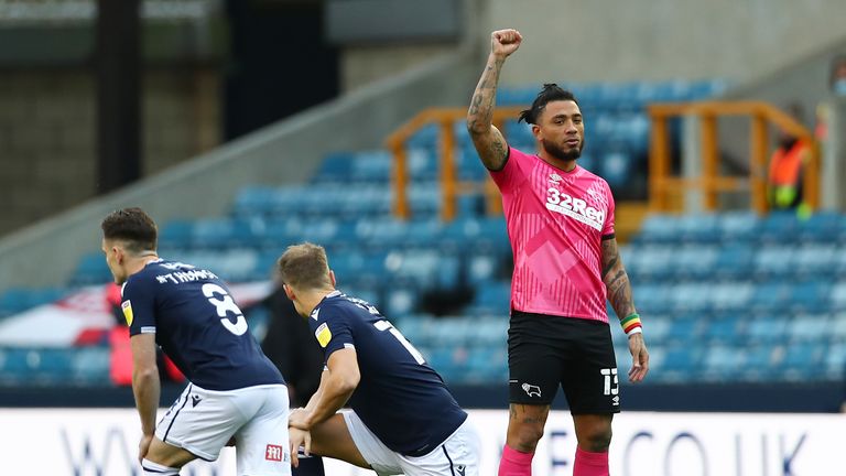 LONDON, ENGLAND - DECEMBER 05: Colin Kazim-Richards of Derby County raises his right fist during the Sky Bet Championship match between Millwall and Derby County at The Den on December 05, 2020 in London, England. A limited number of fans are welcomed back to stadiums to watch elite football across England. This was following easing of restrictions on spectators in tiers one and two areas only. (Photo by Jacques Feeney/Getty Images)