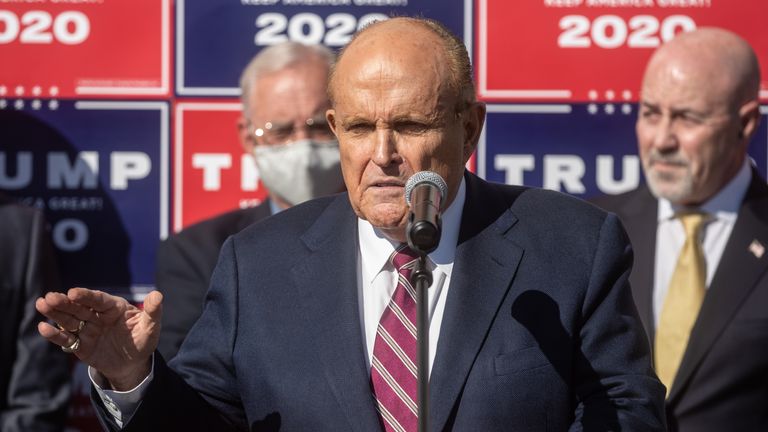 PHILADELPHIA, PENNSYLVANIA - NOVEMBER 07: Attorney for the President, Rudy Giuliani speaks to the media at a press conference held in the back parking lot of Four Seasons Total Landscaping on November 7, 2020 in Philadelphia, Pennsylvania. The press conference took place just minutes after news networks announced that Joe Biden had won the presidency over Donald Trump after it was projected that he had won the state of Pennsylvania. (Photo by Chris McGrath/Getty Images)