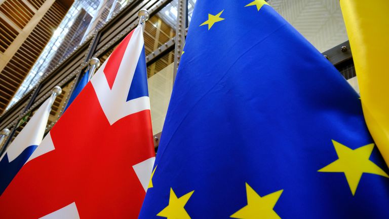 BRUSSELS, BELGIUM - JANUARY 17:  The national flag of the United Kingdom, the Union Jack, and the EU flag are pictured in the European Council headquarters in Brussels, on January 17, 2020. On January 31, the Brexit should be acted, and the Union Flag, the national flag of the United Kingdom, should be removed. (Photo by Thierry Monasse/Getty Images)