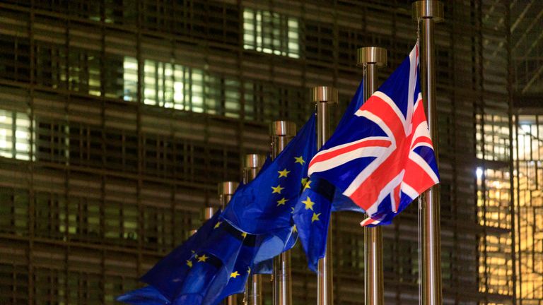 BRUSSELS, BELGIUM - DECEMBER 9: The European Union Flag and the Union Jack are seen in front of the Berlaymont, the EU Commission headquarter on December 09, 2020 in Brussels, Belgium. The British prime minister's visit marked his most high-profile involvement in the talks over a post-Brexit trade deal, which has remained elusive despite months of EU and UK negotiating teams shuttling between London and Brussels. (Photo by Thierry Monasse/Getty Images)