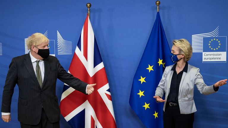 BRUSSELS, BELGIUM - DECEMBER 09: Prime Minister Boris Johnson and European Commission president Ursula von der Leyen meet for a dinner during they will try to reach a breakthrough on a post-Brexit trade deal on December 9, 2020 in Brussels, Belgium. The British prime minister's visit marked his most high-profile involvement in the talks over a post-Brexit trade deal, which has remained elusive despite months of EU and UK negotiating teams shuttling between London and Brussels. (Photo by Aaron Chown - WPA Pool/Getty Images)