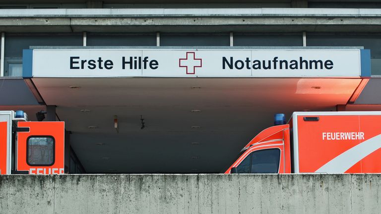 Berlin, Germany, 10th April, 2015, two ambulance cars in front of the emergency entrance of campus Benjamin-Franklin