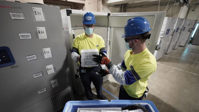 PORTAGE, MICHIGAN - DECEMBER 13: Boxes containing the Pfizer-BioNTech COVID-19 vaccine are prepared to be shipped at the Pfizer Global Supply Kalamazoo manufacturing plant on December 13, 2020 in Portage, Michigan. (Photo by Morry Gash - Pool/Getty Images)