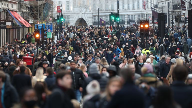 Shoppers on Regent Street in London on the first weekend following the end of the second national lockdown in England, with coronavirus restrictions being relaxed.