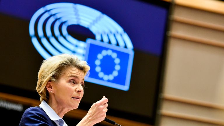 President of Commission Ursula von der Leyen delivers a speech during a session at the European Parliament, in Brussels, on December 16, 2020. (Photo by JOHN THYS / POOL / AFP) (Photo by JOHN THYS/POOL/AFP via Getty Images)