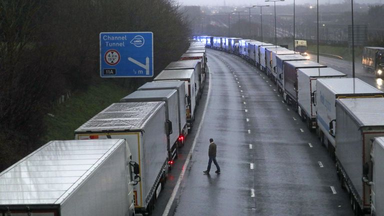 Lorries parked on the M20 near Folkestone, Kent, as part of Operation Stack after the Port of Dover was closed and access to the Eurotunnel terminal suspended following the French government's announcement that it will not accept any passengers arriving from the UK for the next 48 hours amid fears over the new mutant coronavirus strain.