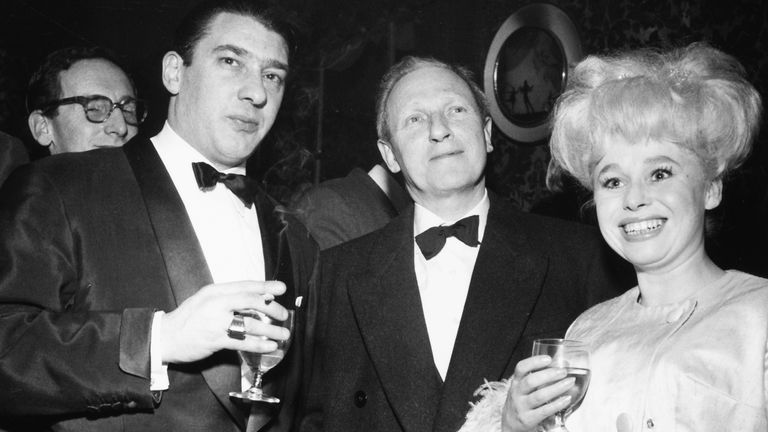 Portrait of actress Barbara Windsor with notorious East End gangster Ronnie Kray (left), London, circa 1960. (Photo by Keystone/Hulton Archive/Getty Images)