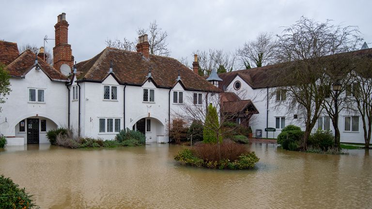 Flood water surrounds The Barn Hotel in Bedford