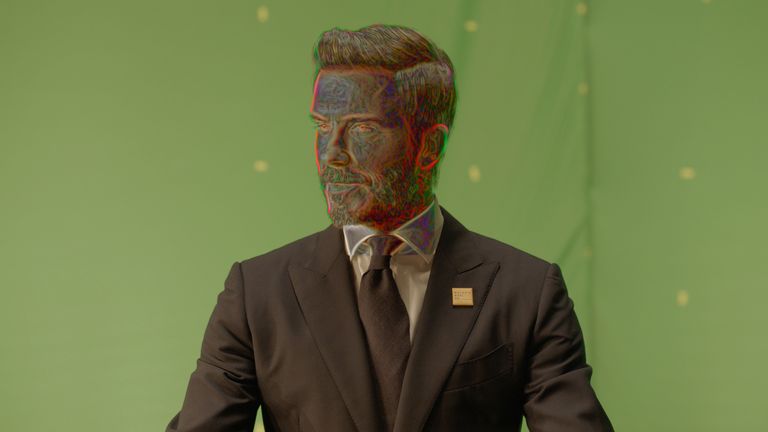 A digitally-altered version of David Beckham appears in the video