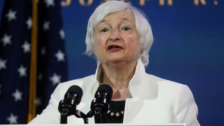 Janet Yellen, U.S. President-elect Joe Biden&#39;s nominee to be treasury secretary, speaks as Biden announces nominees and appointees to serve on his economic policy team at his transition headquarters in Wilmington, Delaware
