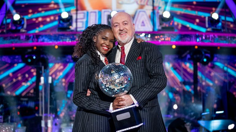 Strictly Come Dancing 2020 winners Bill Bailey and Oti Mabuse. Pic: BBC / Guy Levy