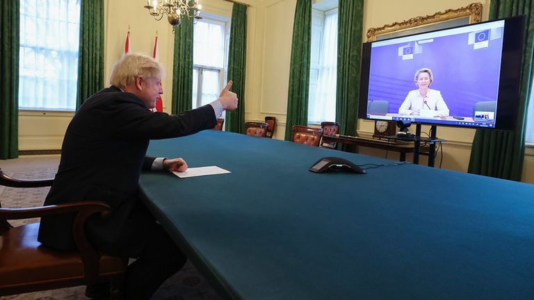 Boris Johnson and EU leaders celebrate making a deal over Zoom. Pic: Number 10