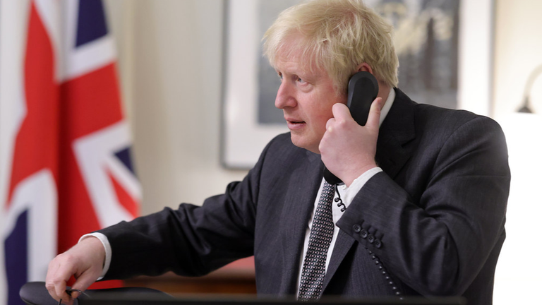 Boris Johnson Speaks to Ursula von der Leyen. The Prime Minister Boris Johnson speaks on the telephone from inside his office in No10 Downing Street, to the President of the European Commission Ursula von der Leyen during the final stages of the Brexit negations. Pic: Andrew Parsons/ No 10