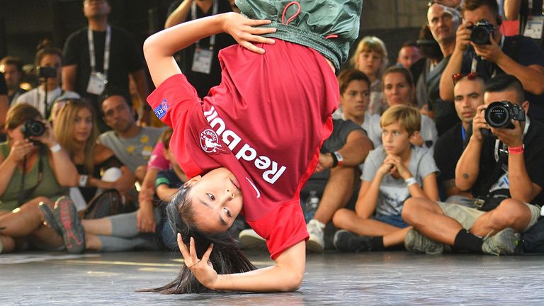 Logistx (Elann Logan Edra) from the US performs on the stage of the break dance final at the World Urban Games in Budapest, Hungary on September 14, 2019. 
